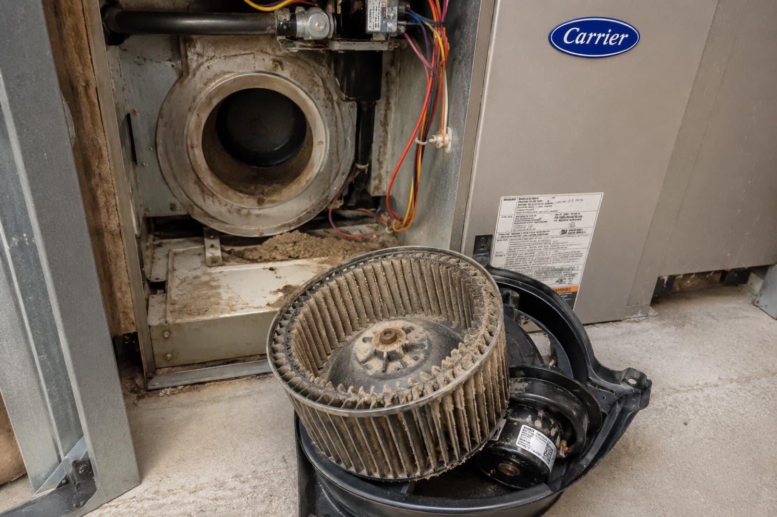 Squirrel-cage blower wheel with each fin caked in dust, moving far less air and straining the motor, before deep cleaning