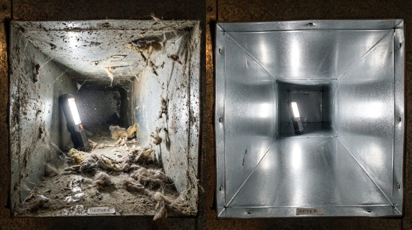 Before and after NADCA source-removal air duct cleaning of a residential galvanized sheet metal HVAC supply trunk in Norwalk CT, dust-coated duct walls on the left and clean reflective metal on the right