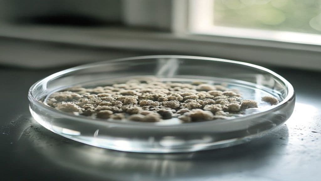 Close-up of a round transparent petri dish on a laboratory countertop showing circular mold colonies growing from a viable air sample, natural window light, documented during a Green Restoration ACAC-certified air quality workflow