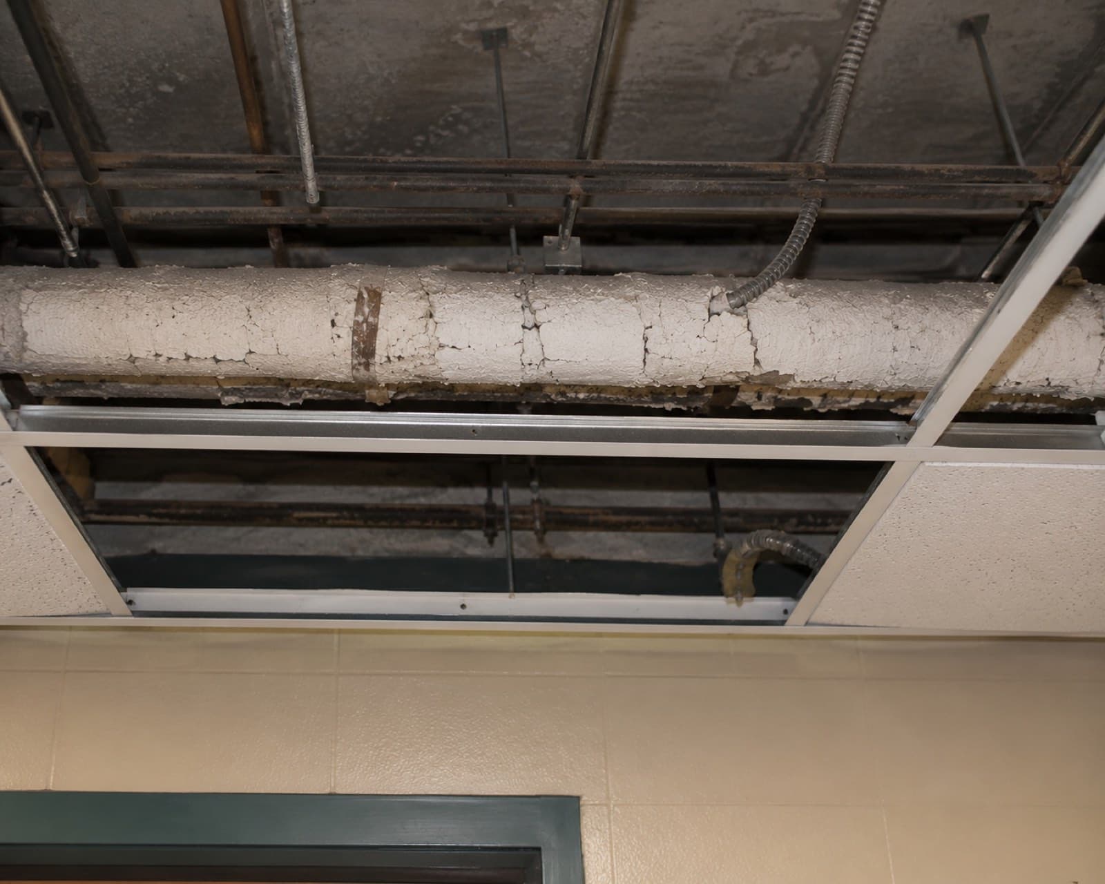 Asbestos pipe lagging running above a commercial drop ceiling in a mechanical chase