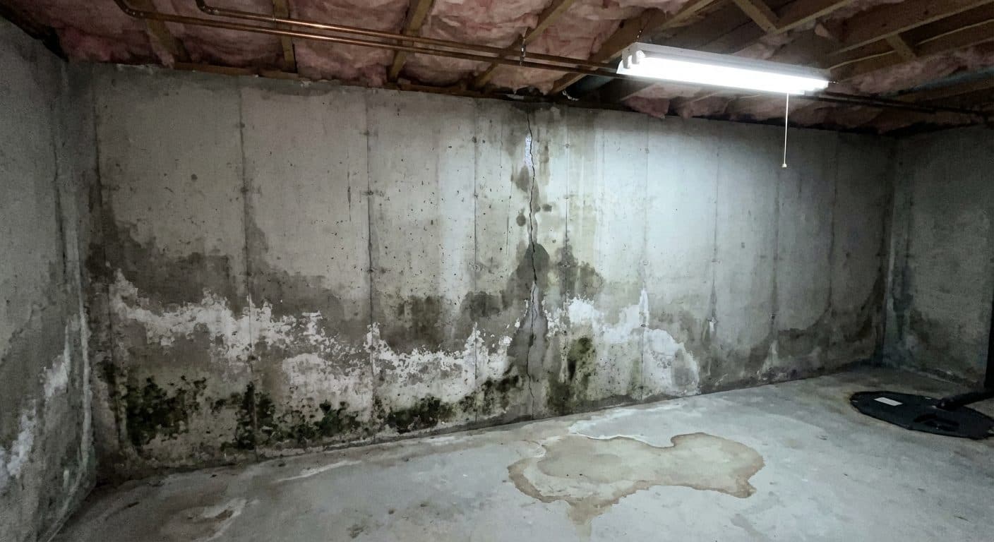 Basement wall mold remediation, before and after, before