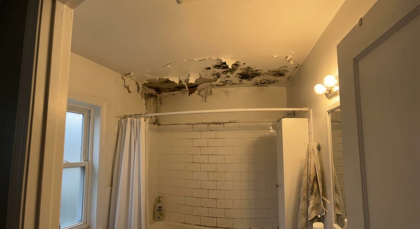 Black mold growth across bathroom wall and ceiling surfaces before remediation in a Connecticut home
