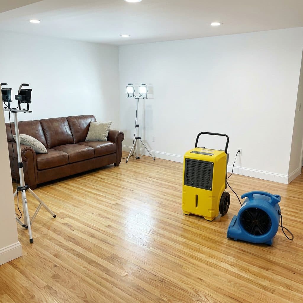 Flooded interior water extraction and structural drying, before and after