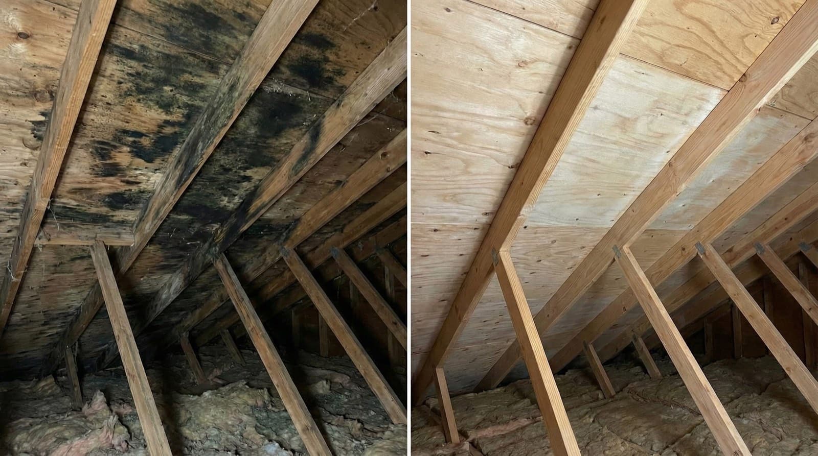 Mold remediation technician assessing attic mold contamination for insurance documentation