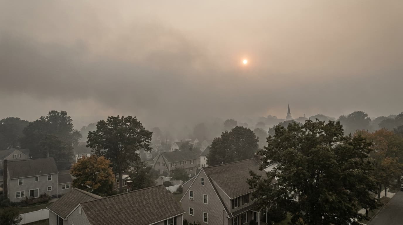 Canadian wildfire smoke settled over a Connecticut town, rooftops and treeline fading into dense amber haze with the sun visible as a dim orange disc