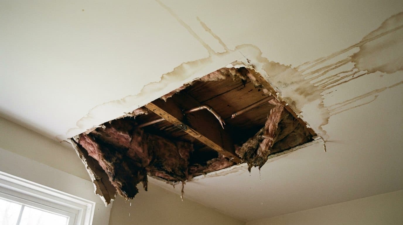 Collapsed residential ceiling after a burst copper water pipe, exposing pink fiberglass insulation, wooden joists, and extensive water staining radiating across intact drywall