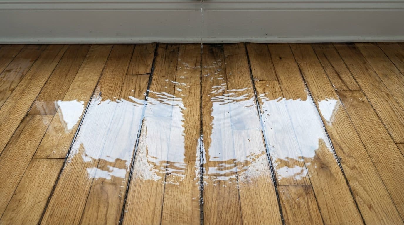 Flooded solid oak hardwood floor with standing water pooled across the planks after a burst pipe release in a Connecticut residence