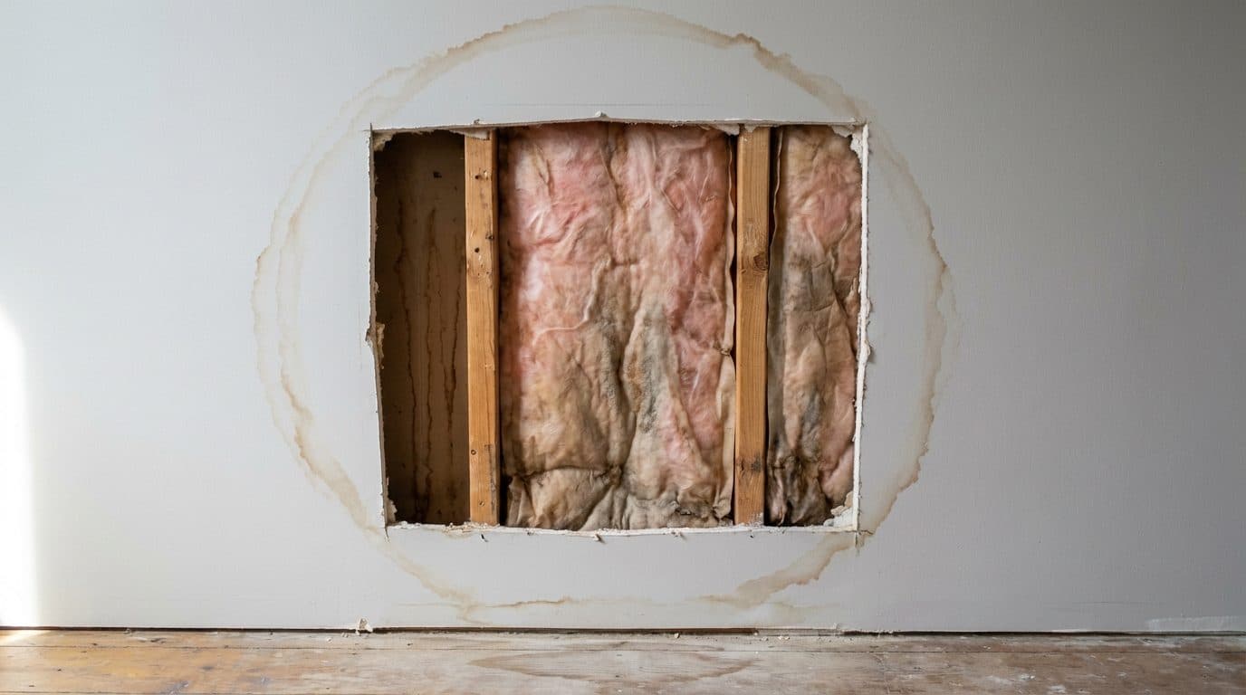 Interior wall cavity opened after a burst copper water pipe, exposing wooden studs, saturated pink fiberglass insulation running dark with water, and staining radiating across the drywall around the opening