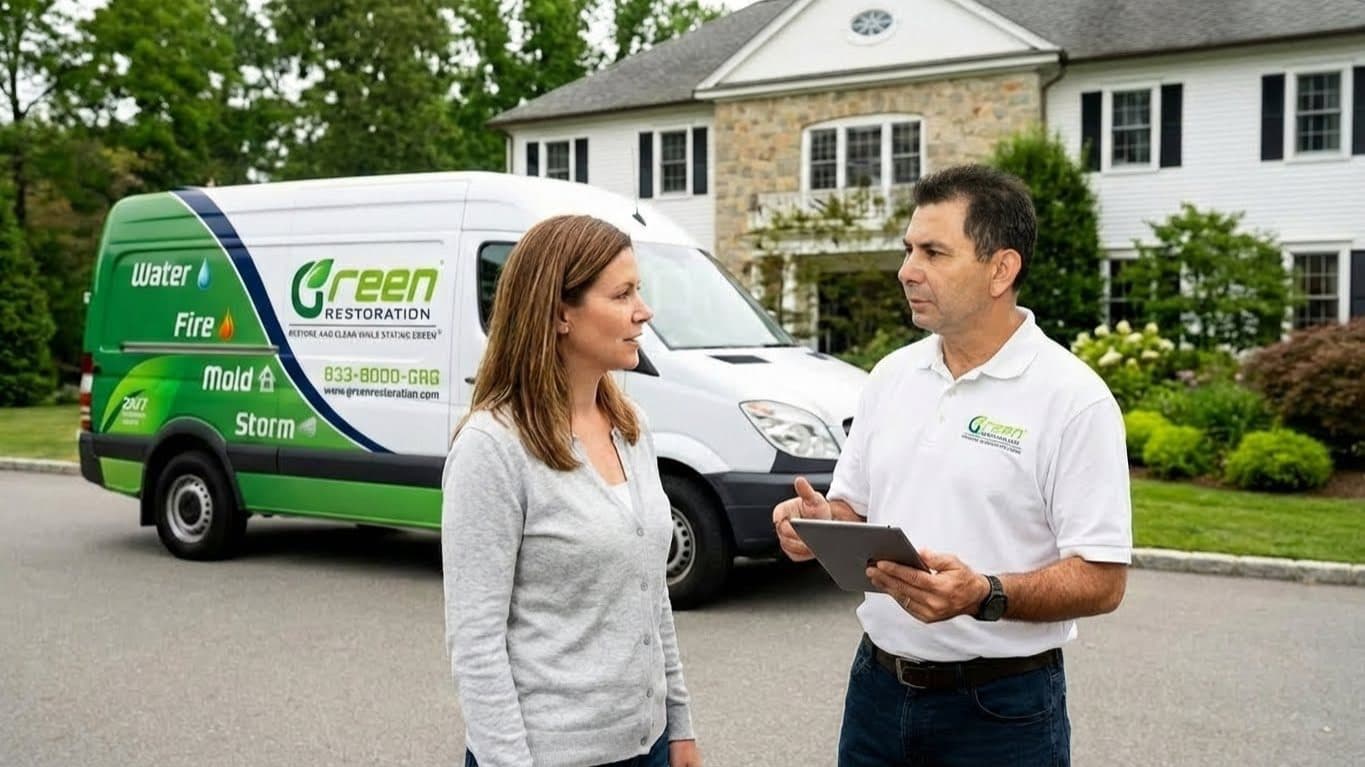 Green Restoration specialist consulting with a homeowner about restoration financing options