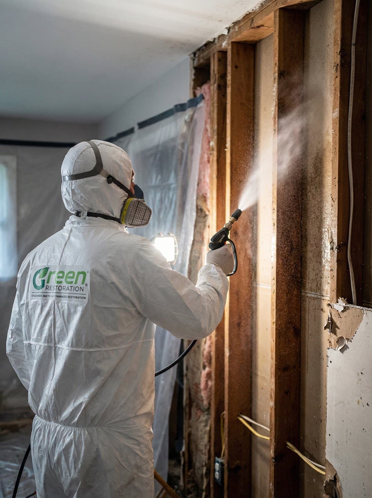 Green Restoration technician in branded PPE applying EPA-registered antimicrobial treatment to an exposed wall cavity during mold remediation at a Pound Ridge NY residential property