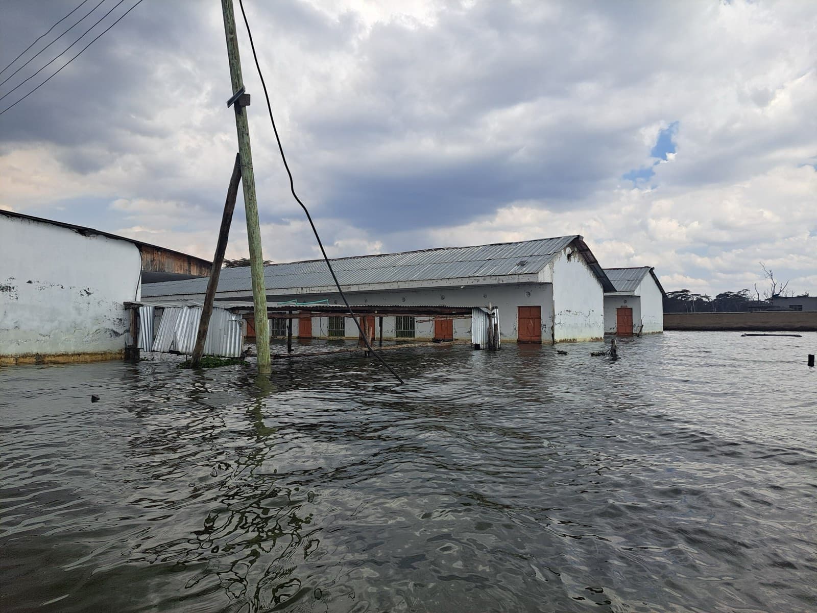 Commercial building half-submerged in standing flood water, the kind of multi-tenant property Green Restoration extracts and dries fast