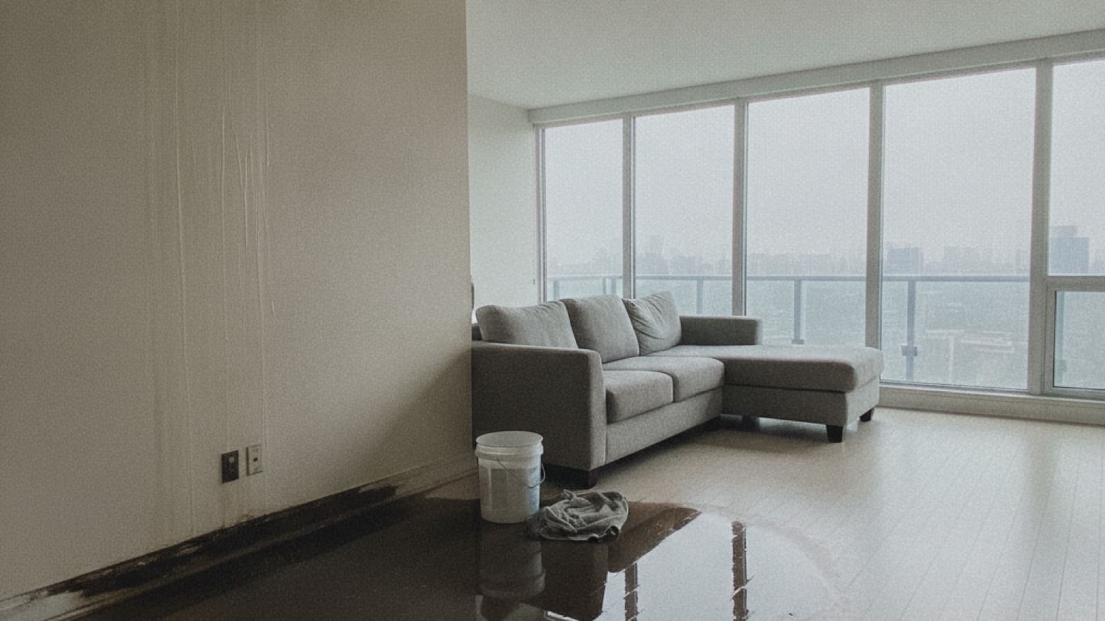 Water from the unit above running down a condominium wall and spreading across the floor toward a bucket, sofa pushed clear of the wet area