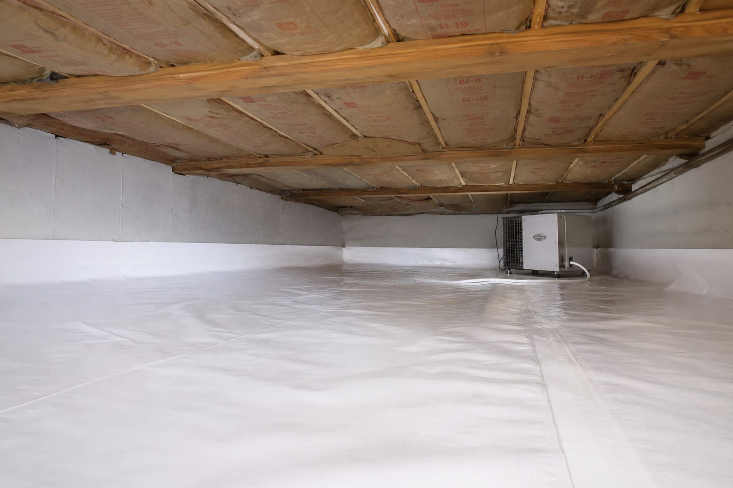 Encapsulated crawl space with white vapor barrier, R-19 batt insulation, and commercial dehumidifier in a Deerfield MA home