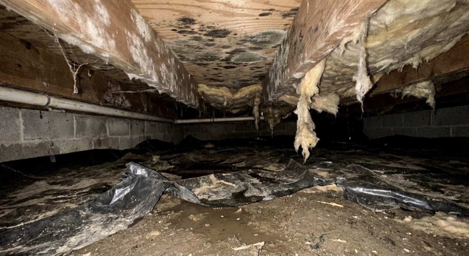 Mold growth across crawl-space floor joists and subfloor from trapped humidity