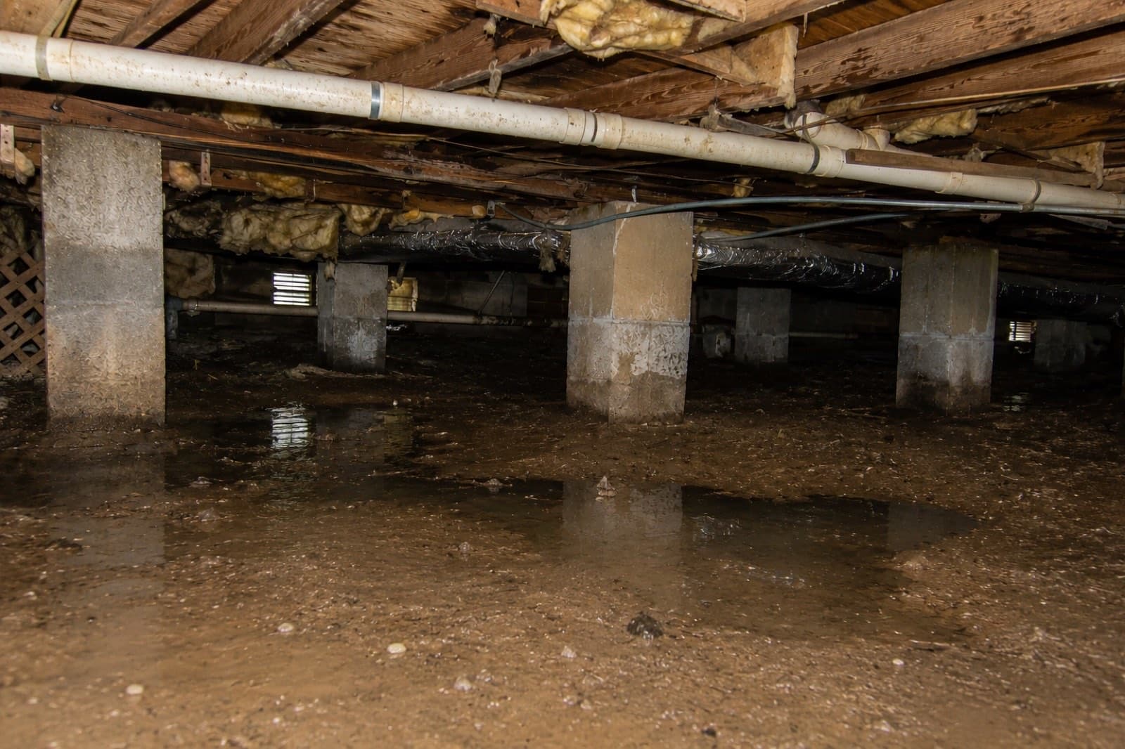 Flooded dirt-floor crawl space with standing water pooling around concrete piers under a house before encapsulation