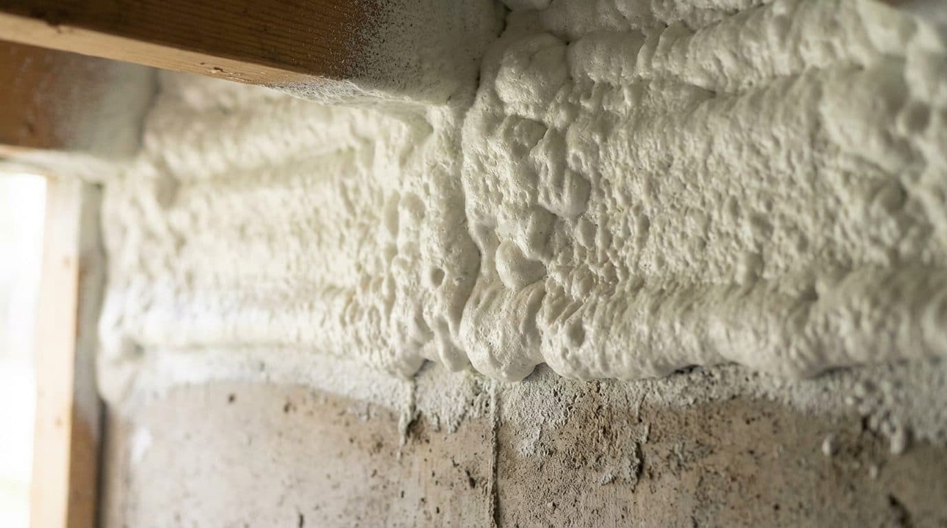 Closed-cell spray foam applied to a crawl space rim joist during a Deerfield MA insulation project