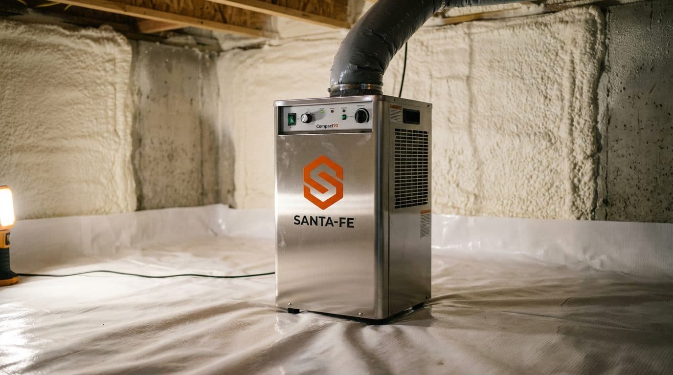 Commercial dehumidifier integrated inside a sealed and encapsulated Deerfield MA crawl space with reinforced vapor barrier