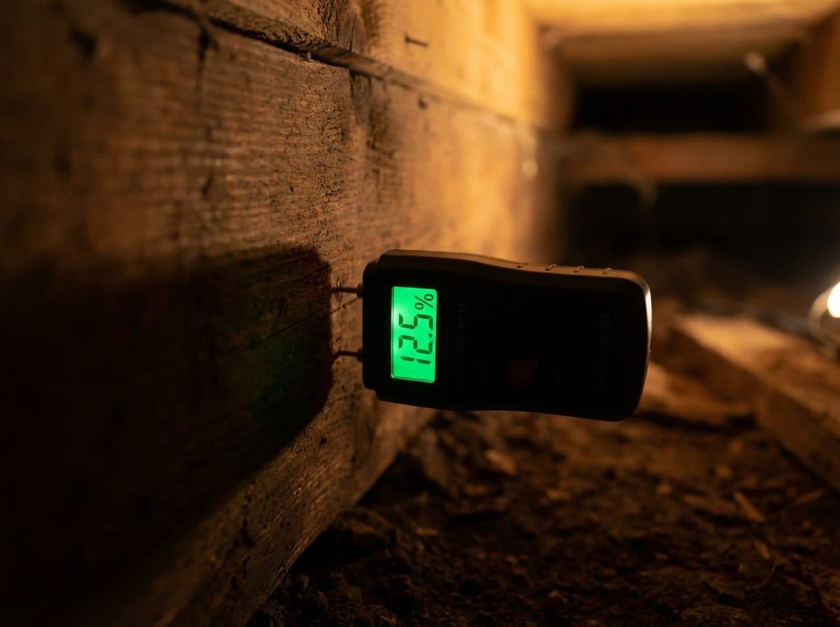 Digital moisture meter reading a wood floor joist inside a Deerfield MA crawl space inspection