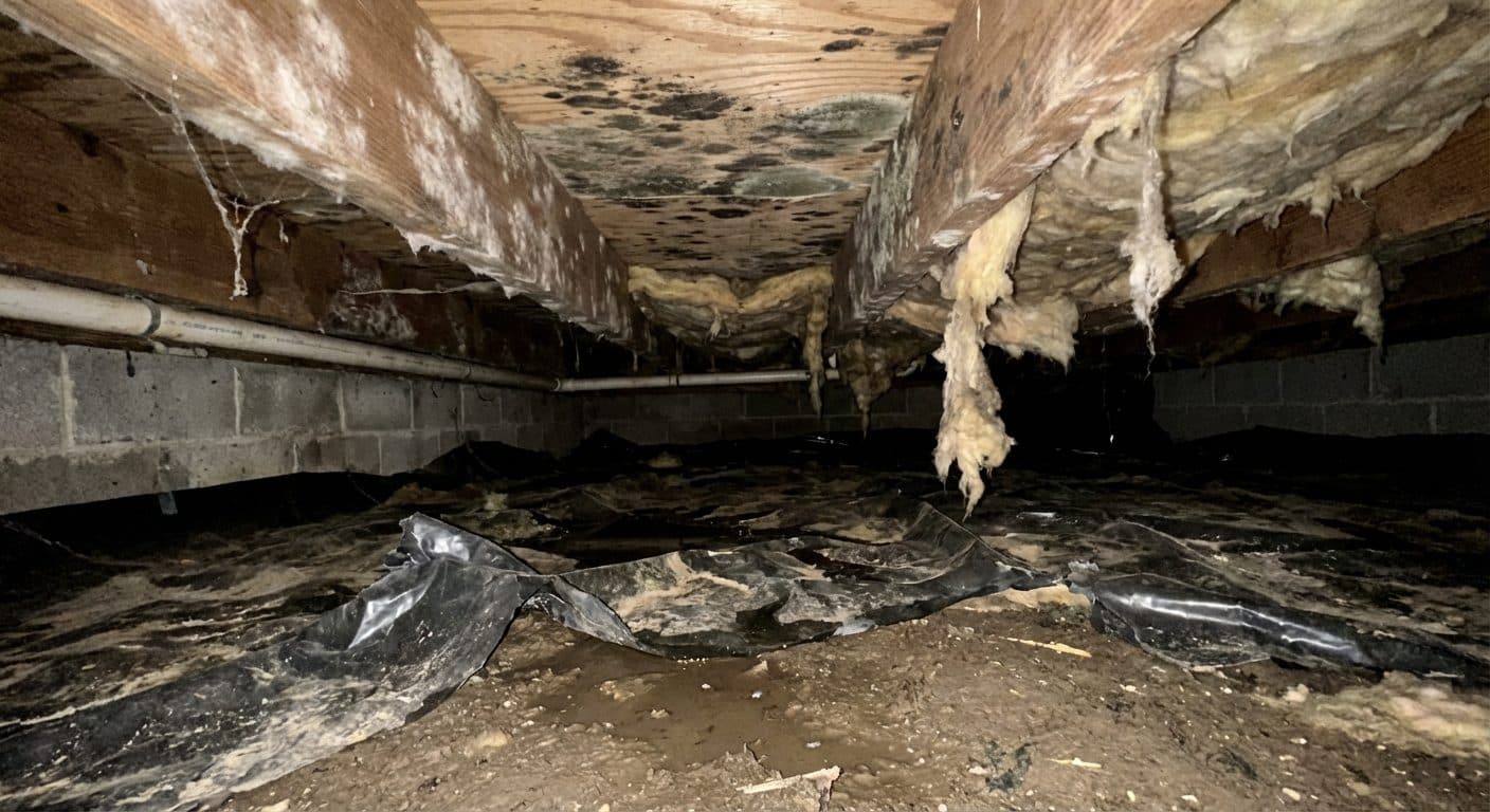 Documentary close-up of a residential crawl space showing wood joists with visible black mold staining above fiberglass insulation debris on the dirt floor during an inspection walkthrough in the tri-state