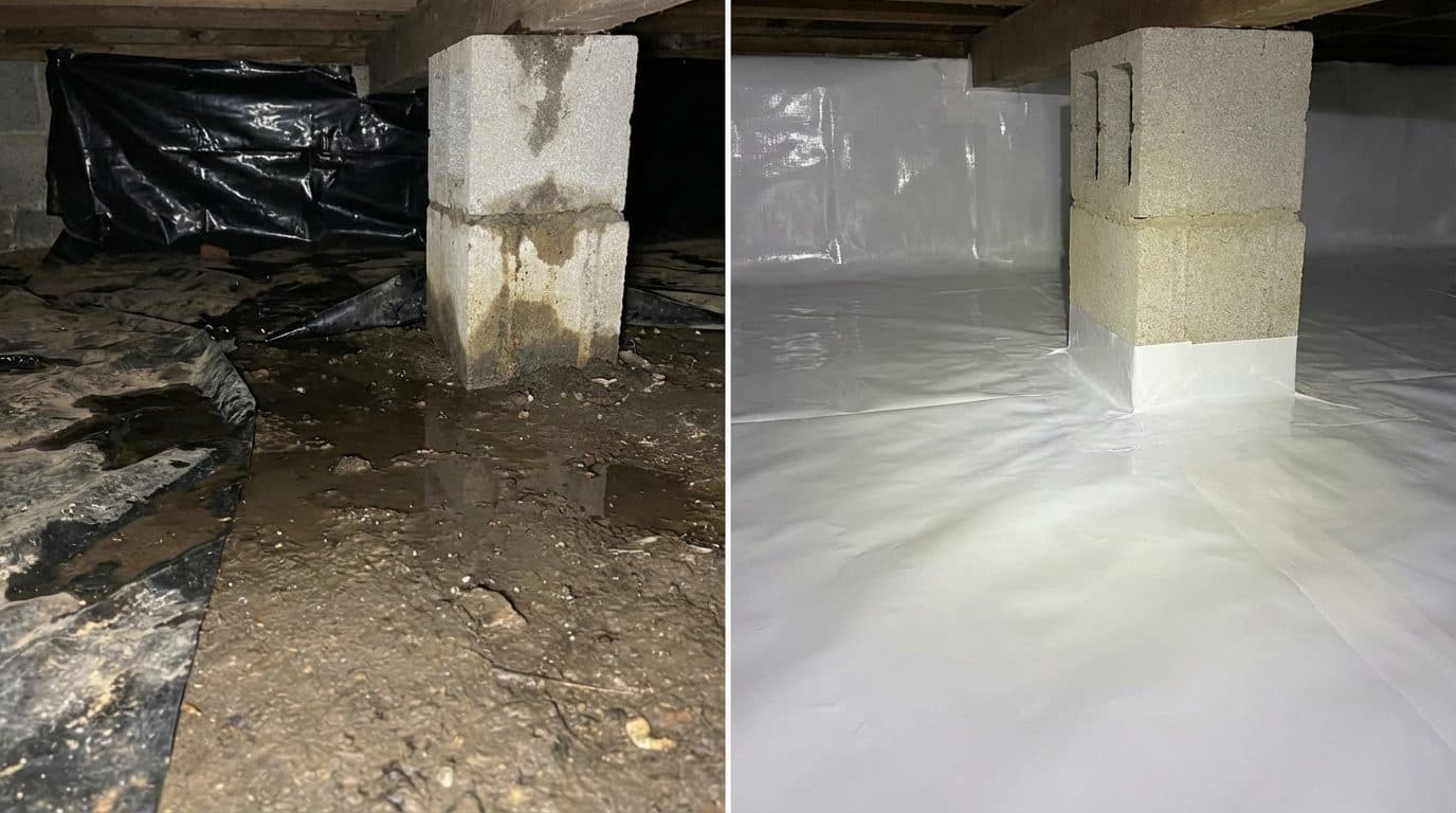 Green Restoration vapor barrier installation showing reinforced white liner fastened along a crawl space block wall during an encapsulation in the tri-state