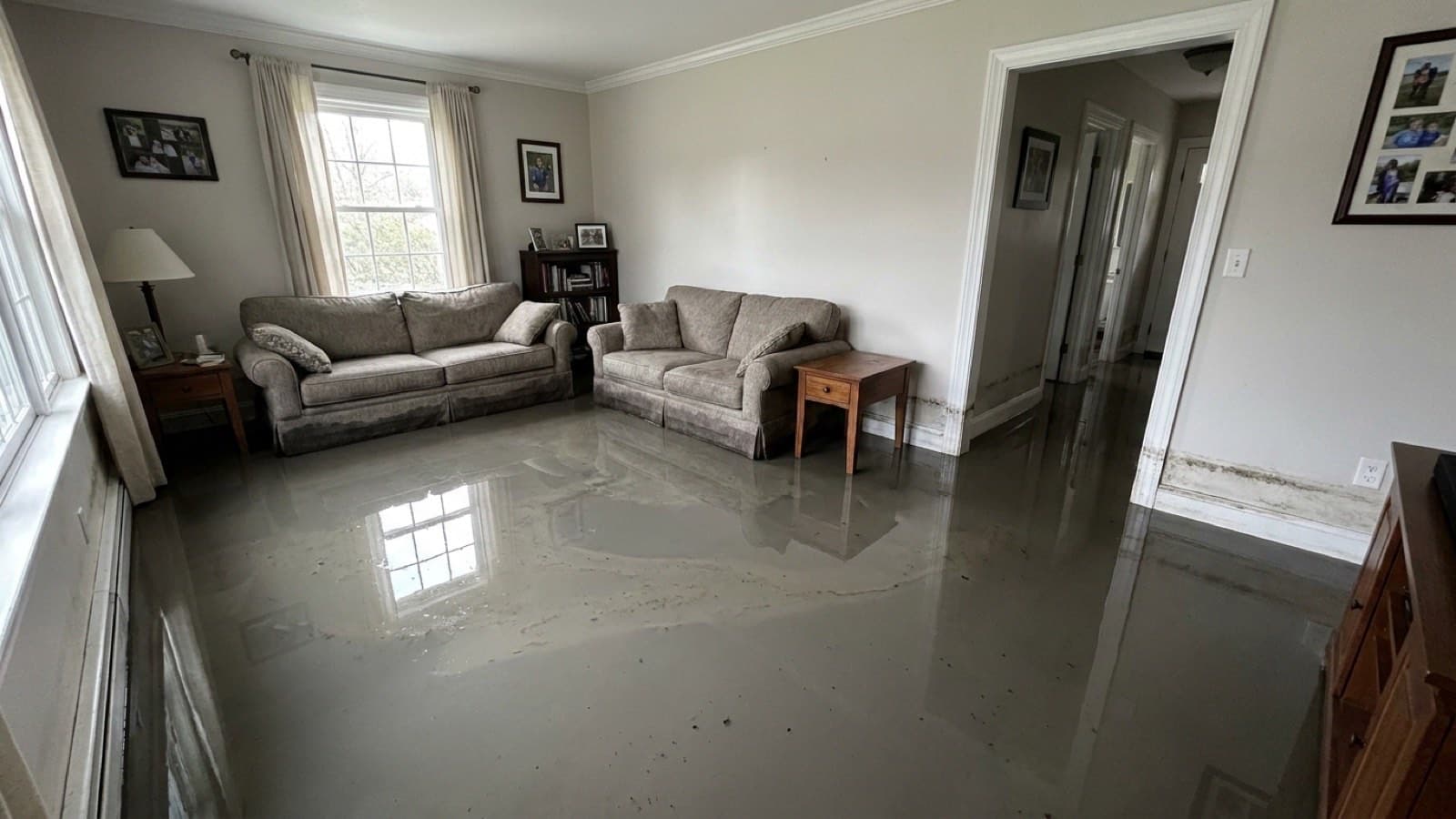 Family living room with several inches of murky floodwater from external flooding and sewer backup, waterline staining on baseboards, furniture standing in Category 3 water, documented by Green Restoration large-loss PM across the tri-state