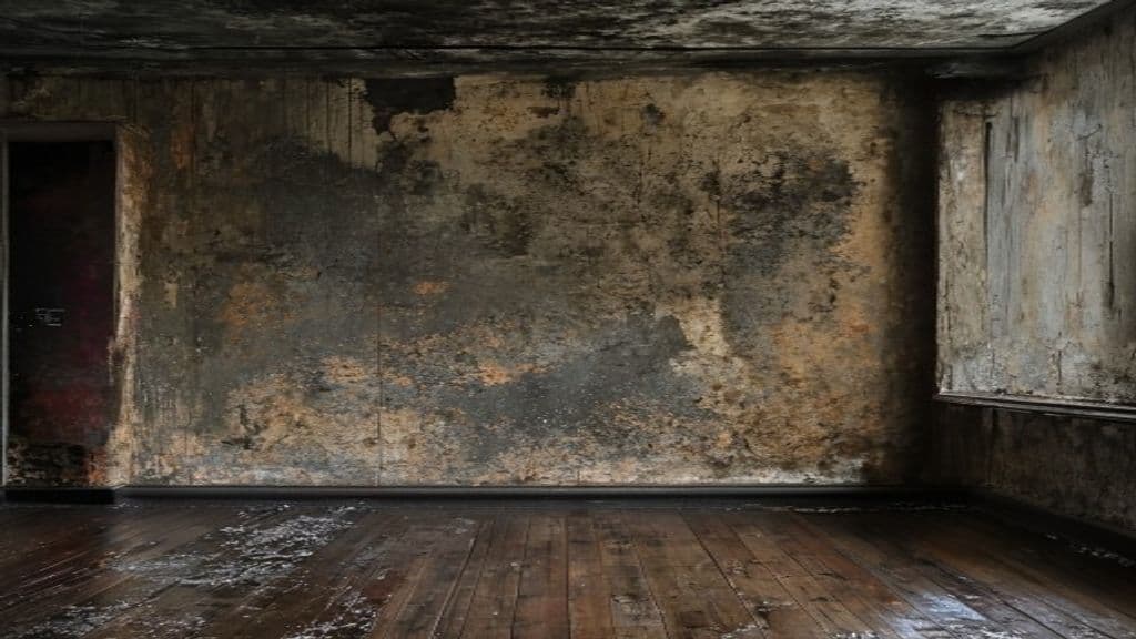 Residential interior with soot-stained wall and damp warped hardwood floor below showing combined fire and water damage from a disaster event, documented by Green Restoration large-loss PM across the tri-state