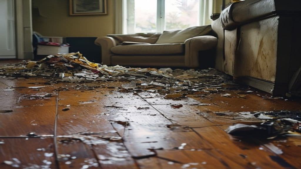 Residential living room corner with warped wood floor and debris pile showing multi-hazard damage from combined storm and water event in soft natural daylight, documented by Green Restoration large-loss PM across the tri-state