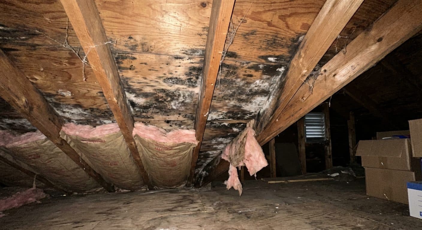 Attic rafter framing with extensive black mold growth photographed prior to dry ice blasting, documented during a Green Restoration attic remediation walkthrough in the tri-state