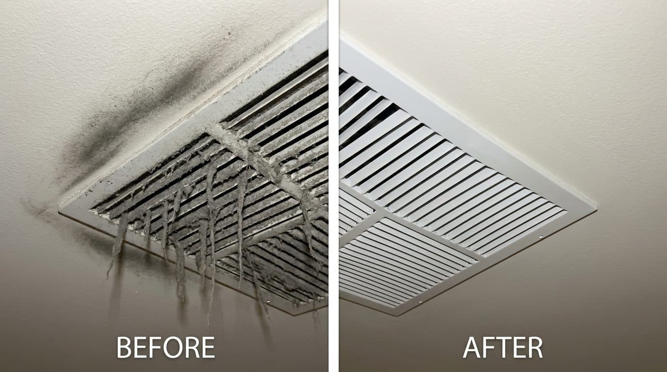 Residential dryer exhaust vent terminal on an exterior siding wall with lint and debris partially blocking the louvered cap, documented before cleaning in the tri-state