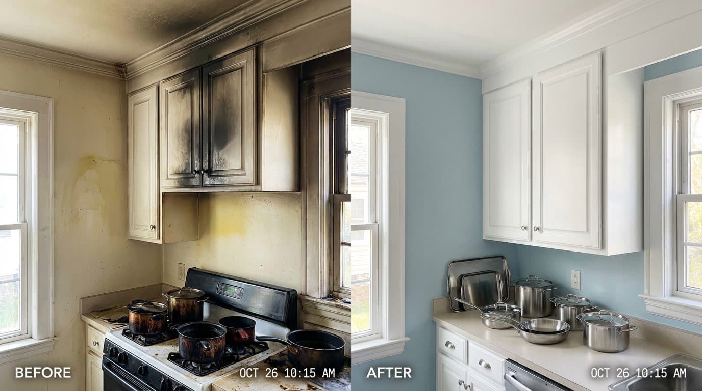 Before and after fire damage restoration in a Greenfield MA property showing IICRC S700 soda blasting char removal on framing, refinished woodwork, and repainted plaster