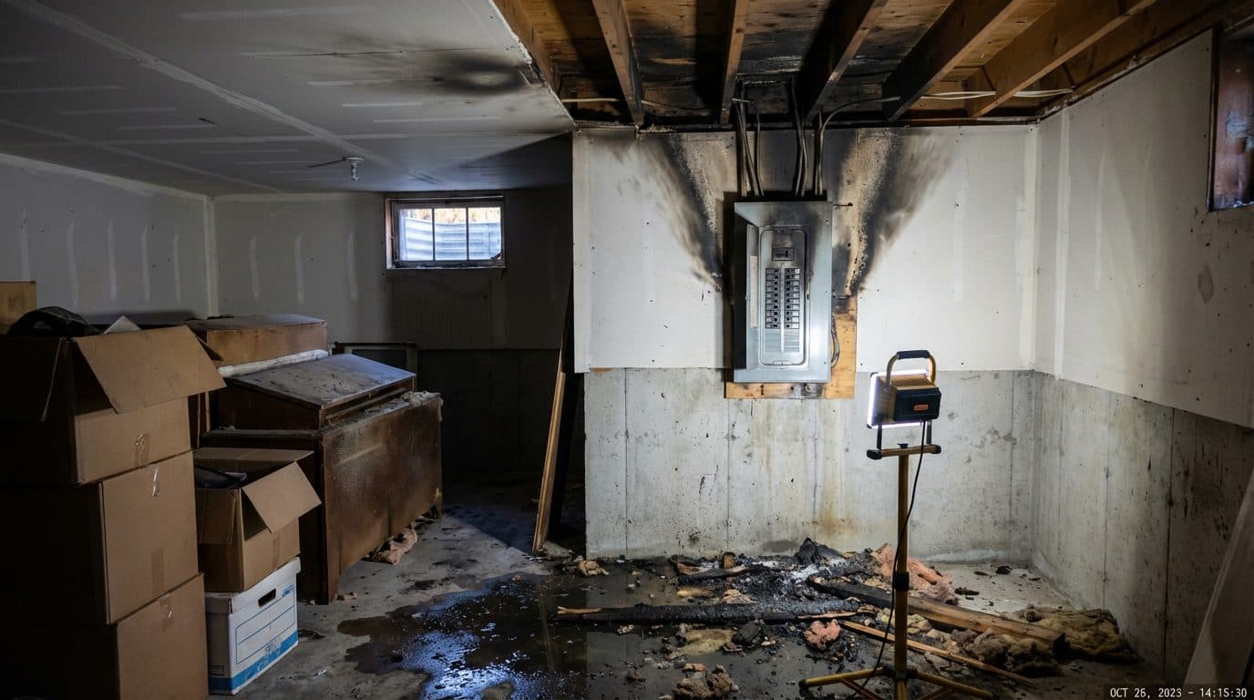 Brown and black oily soot radiating across basement walls, the service panel, and overhead ductwork after an oil furnace puff back event in a Connecticut home