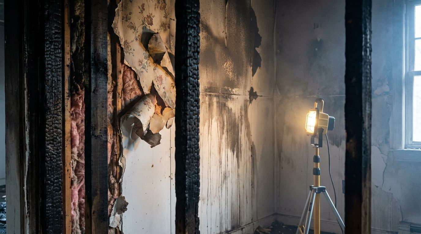Charred wall framing and scorched wallpaper after a fire, the embedded soot and smoke residue that releases persistent odor until treated at the source by Green Restoration in the tri-state