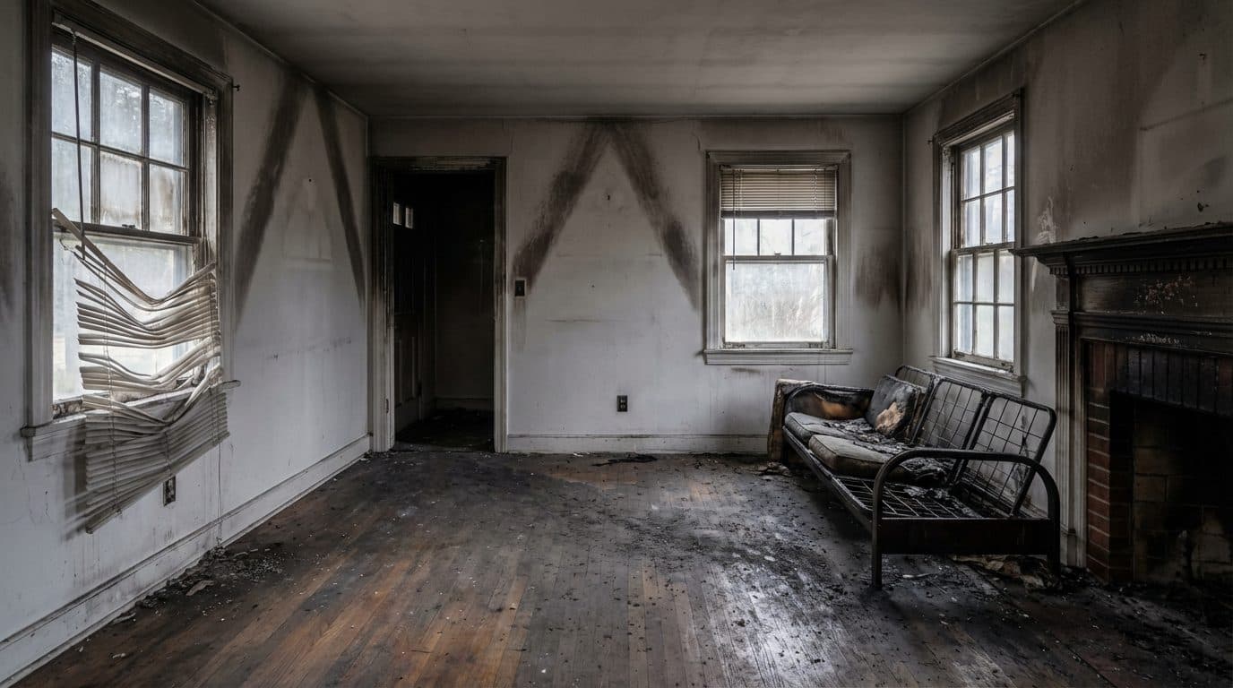 Residential living room with heavy yellow smoke staining and soot damage across walls and upholstery after a structure fire, documented during a Green Restoration IICRC S700 fire damage inspection