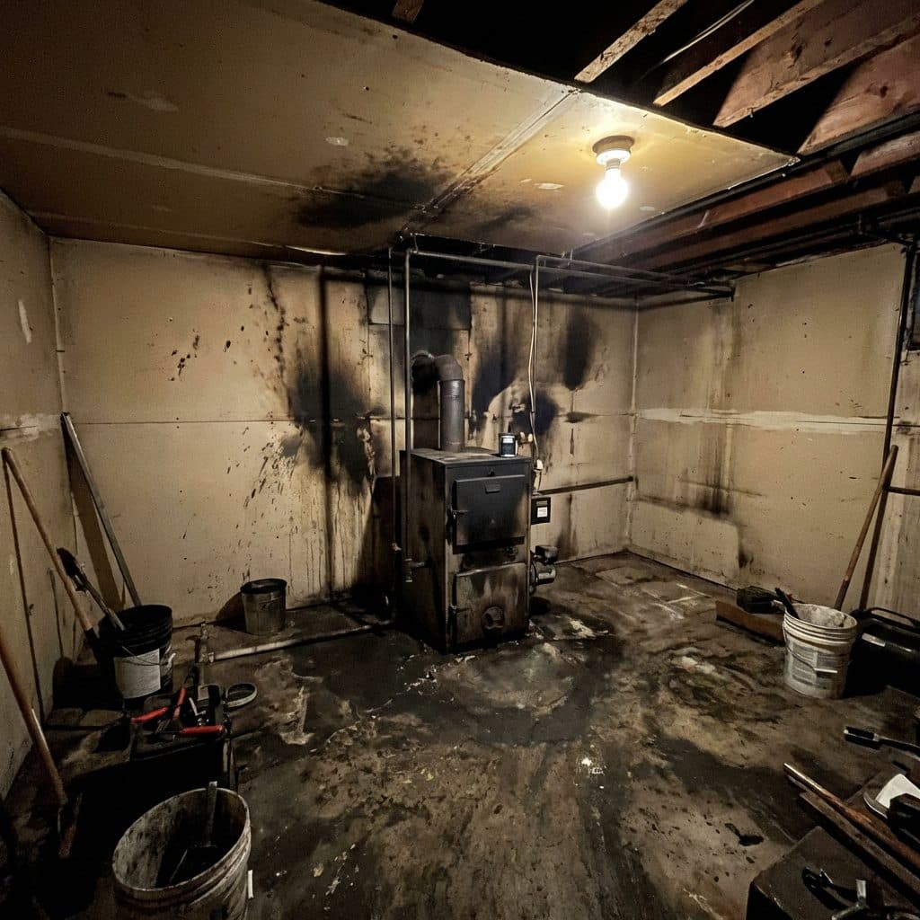 Soot-covered basement walls and ceiling around an oil furnace, an embedded odor source treated at the source by Green Restoration in the tri-state