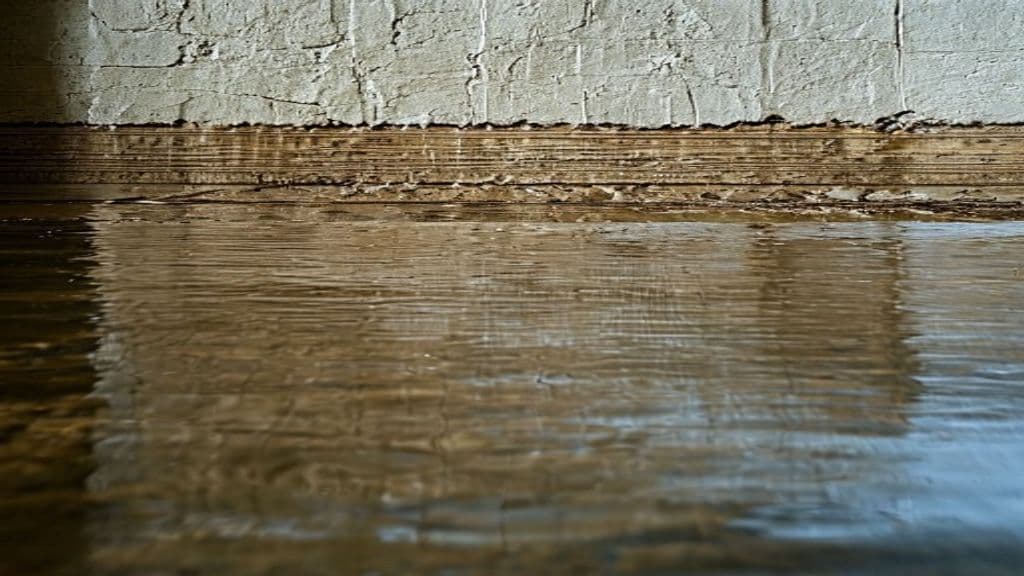 Flood water pooled against a basement foundation wall with a muddy waterline staining the concrete above the standing water in a flooded Connecticut home