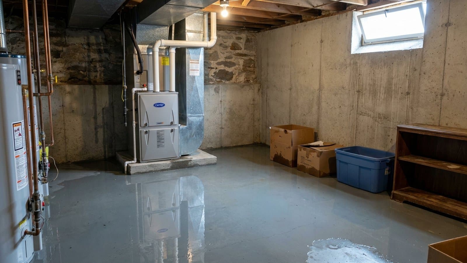 Standing water pooled across the bare concrete floor of a New England basement around a Carrier gas furnace and soaked storage boxes after a basement flood
