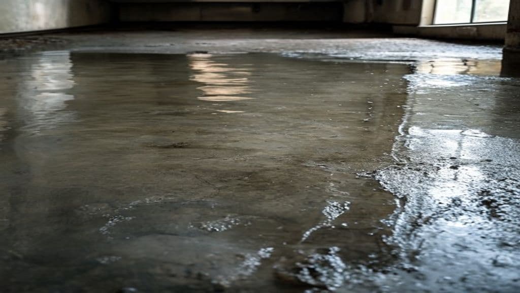 Residential basement floor after Category 3 flood water extraction by Green Restoration, exposed concrete slab with subtle damp patches visible in natural daylight before structural drying begins