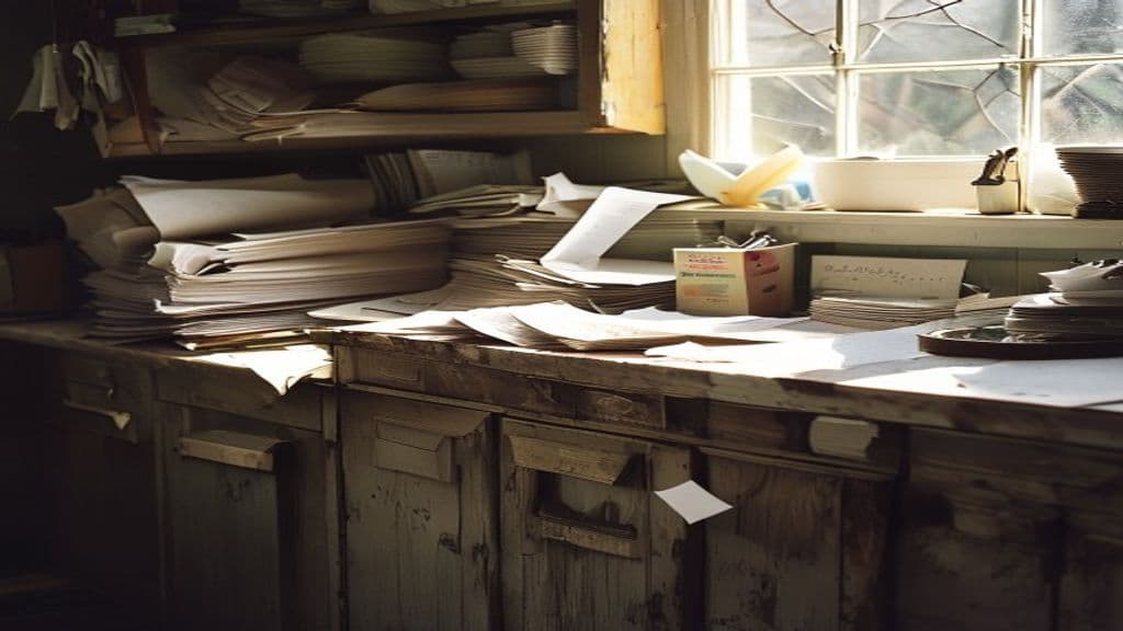 Documentary close-up of a cluttered residential kitchen counter with stacked papers, mail, and household items covering the surface during a Green Restoration confidential hoarding walkthrough in the tri-state