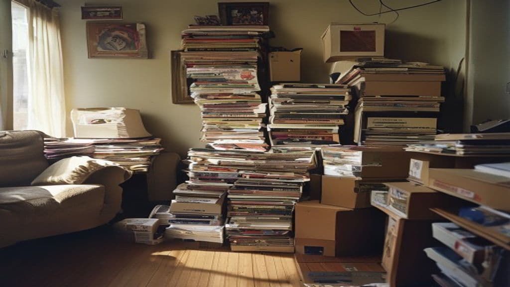 Documentary view of a cluttered residential living room corner with stacked magazines, boxes, and furniture during a confidential Green Restoration hoarding walkthrough in the tri-state