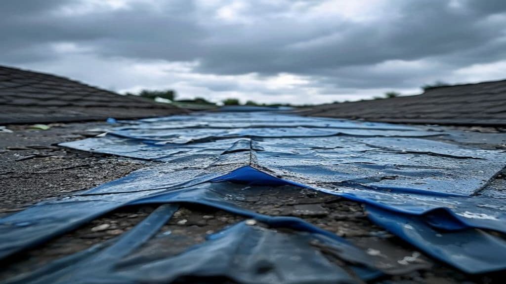 Blue emergency tarp stretched across a damaged residential asphalt shingle roof covering hurricane storm damage, overcast gray sky visible after the storm, documented by Green Restoration IICRC crews across the tri-state