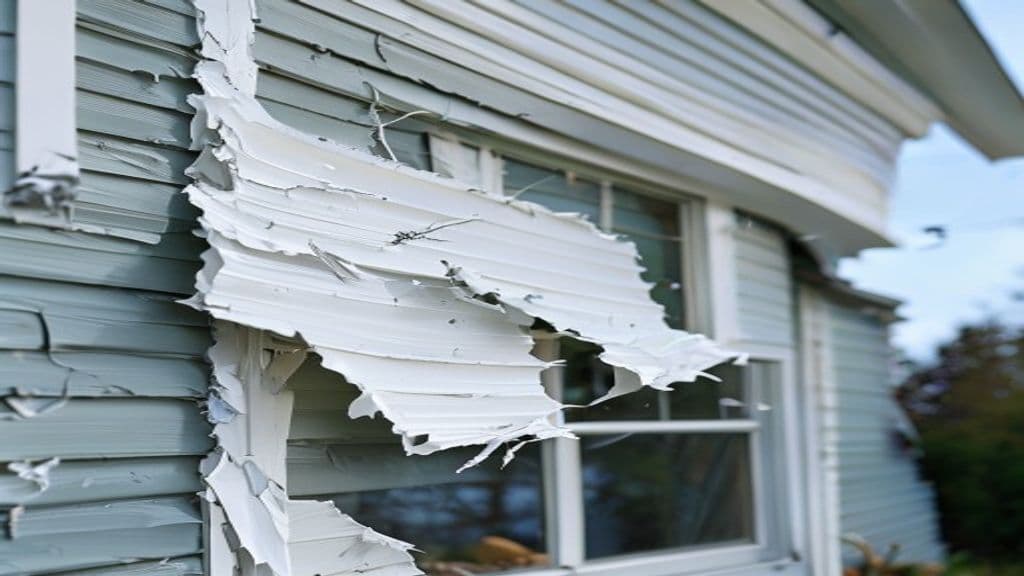 Hurricane wind-torn white vinyl siding hanging from a residential home exterior wall with curled strips and broken trim visible, documented by Green Restoration named-storm crews across the tri-state