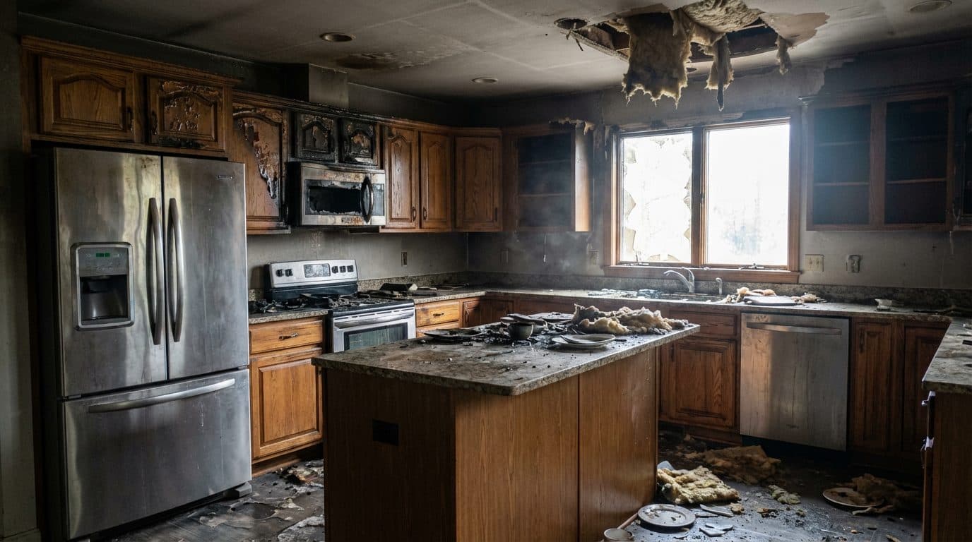 Kitchen interior showing heavy soot damage across cabinets, ceiling, and appliances after a residential fire, documented during a Green Restoration walkthrough in the tri-state
