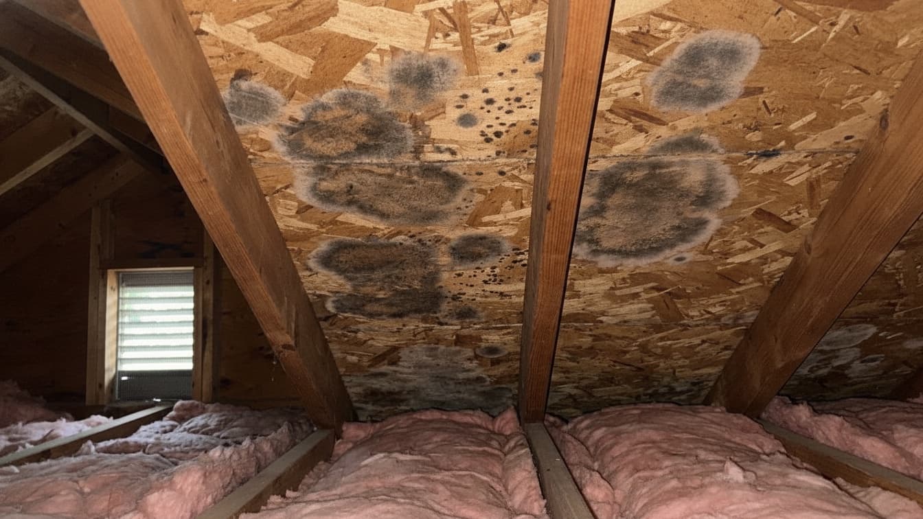 Dark mold colonies spreading across attic OSB roof sheathing between rafters in a Connecticut home