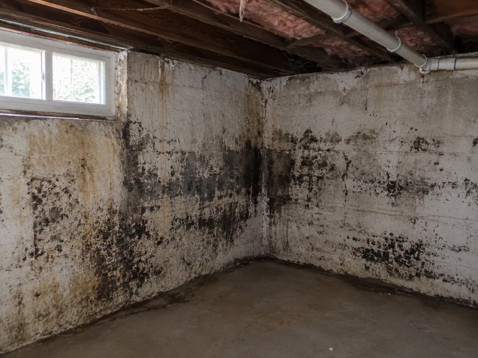 Black mold spreading across poured concrete foundation walls in a damp basement during IICRC S520 mold remediation in a Connecticut home