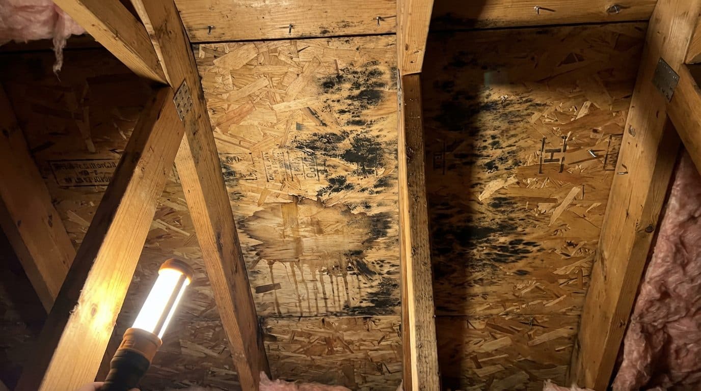 Heavy black mold colonization across OSB plywood roof sheathing between wood rafters in a West Hartford Connecticut attic, documented during a Green Restoration IICRC S520 mold inspection