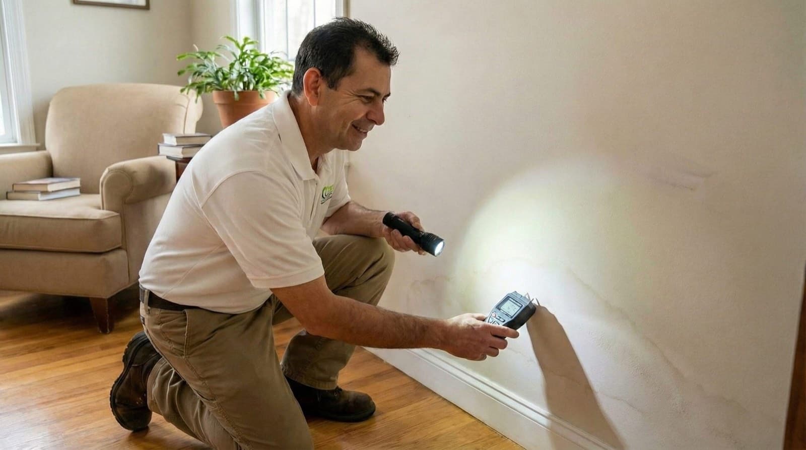 Green Restoration mold technician kneeling at an interior wall using a moisture meter and flashlight during a same-day inspection for a tri-state mold call