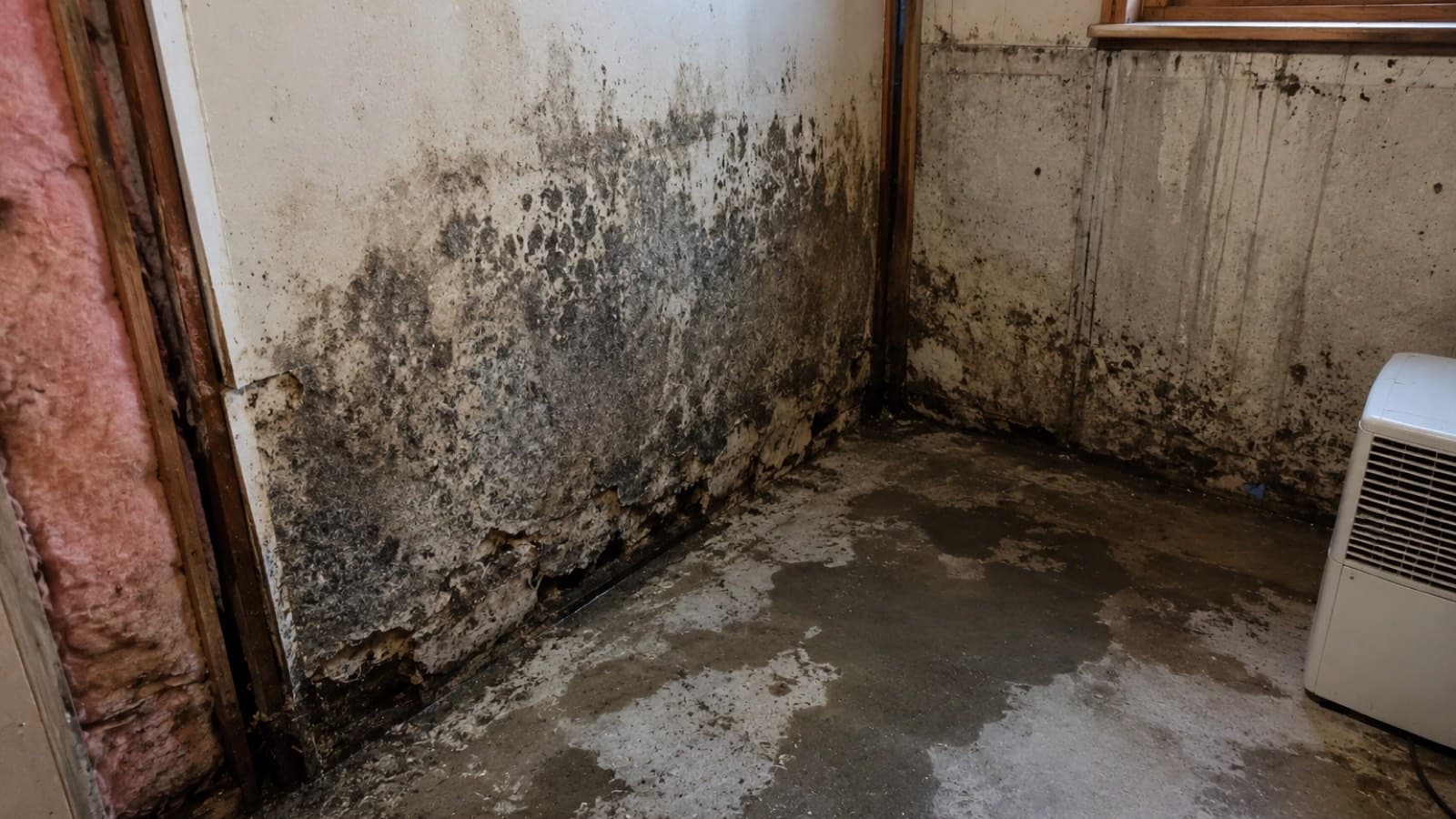 Black mold spreading across a basement wall and concrete floor beside exposed fiberglass insulation in a Greenfield Massachusetts home before IICRC S520 remediation