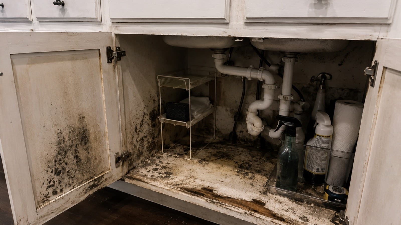 Mold growth inside a kitchen cabinet under the sink from a slow plumbing leak in a Pound Ridge New York home, found during a Green Restoration mold inspection