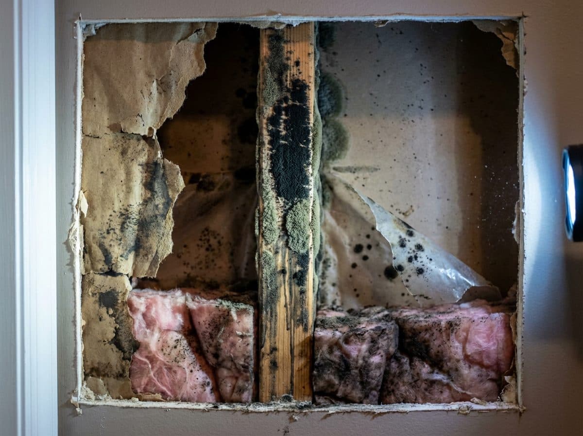 Hidden mold on the back of lime plaster inside a post-and-beam wall cavity in an Old Deerfield Massachusetts colonial