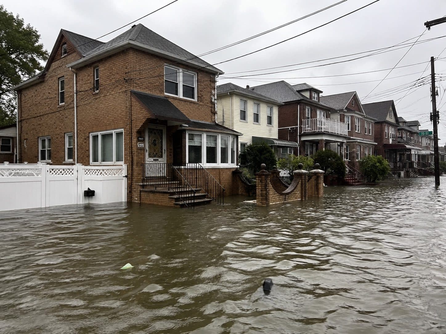 Brooklyn residential street and homes submerged in Hurricane Ida floodwater, September 2021